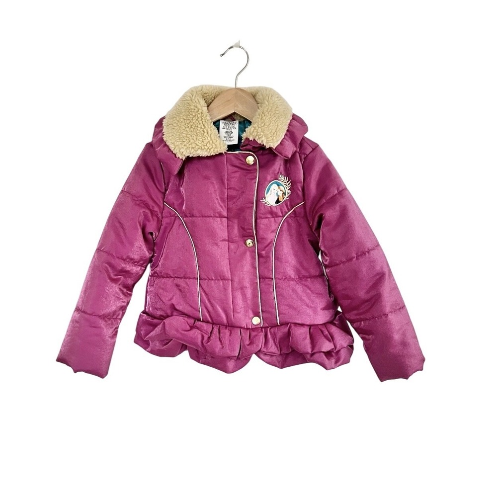Disney Frozen Elsa Anna Purple Puffer Jacket Faux Fur Collar Ruffle Hem Kids 7/8
